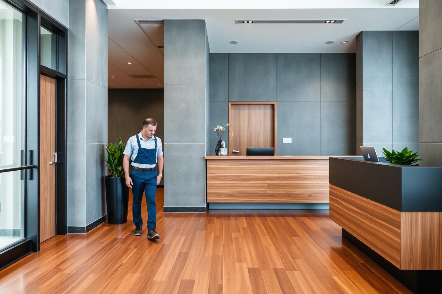 Commercial lobby with slate and wood finishes being assessed by a technician