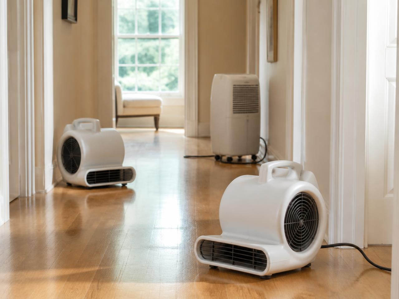 Air movers and a dehumidifier drying a residential hallway