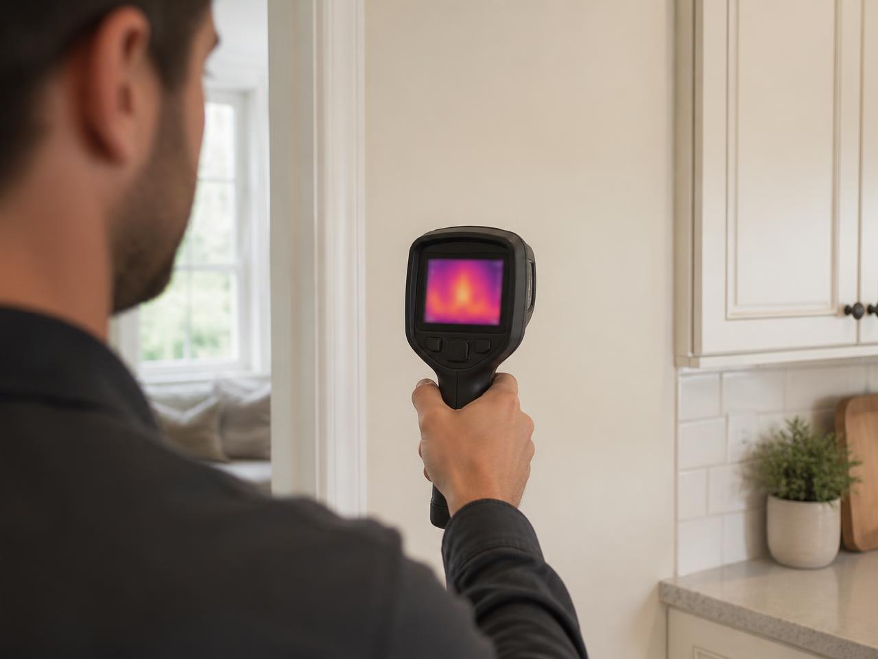 Thermal imaging camera scanning a wall beside kitchen cabinets