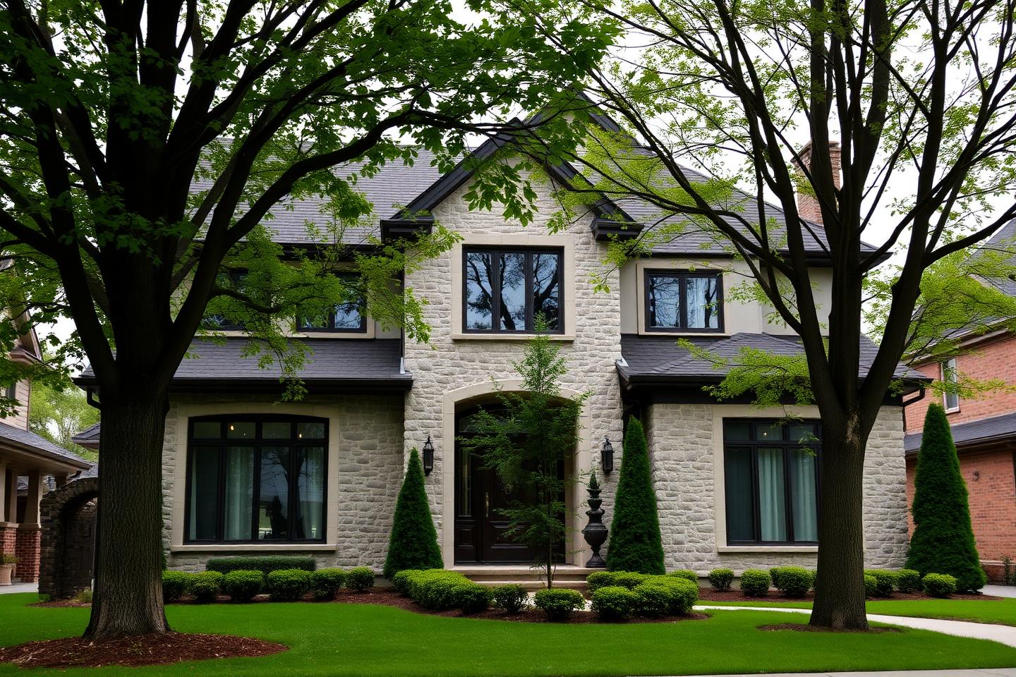 Stone-fronted Oakville home surrounded by mature trees