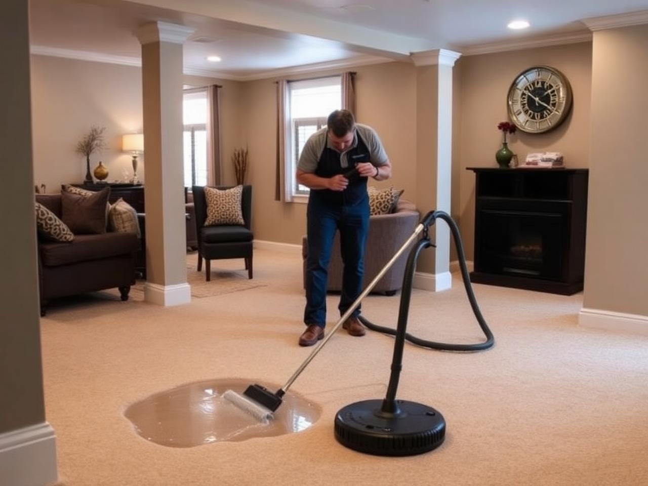 Technician extracting water from carpet in a finished basement